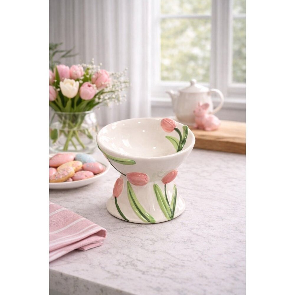 New Pink Tulip Flower Ceramic Raised Tilted Cat Small Dog Pedestal Bowl